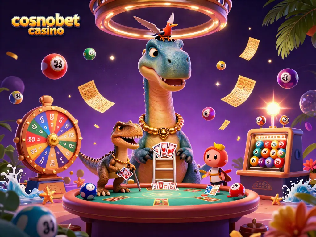 Win big at cosmobet casino with a giant brontosaurus and dynamic gaming elements.