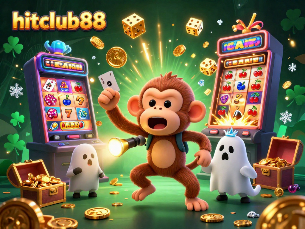 Experience thrilling wins at hitclub88 with a mischievous poltergeist monkey and ghost-hunter puppy in a haunted casino.