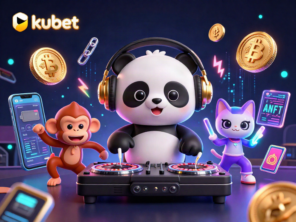 Kubet's thrilling casino experience with a DJ panda, breakdancing monkey, and crypto elements.