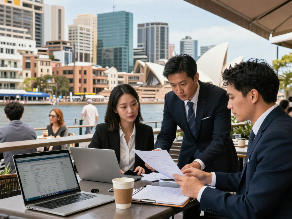 Property management services Sydney professionals discussing strategies at a café in Sydney.