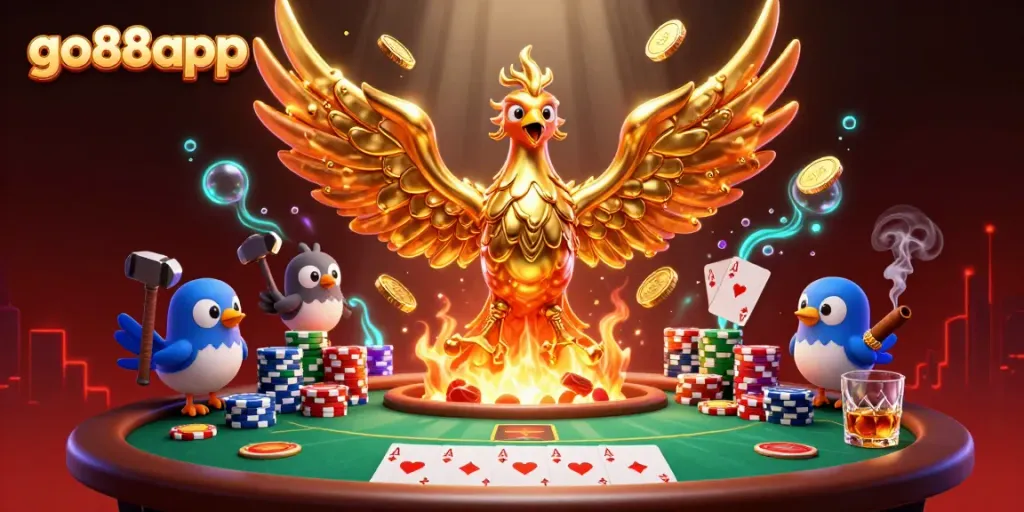 Experience the thrill of go88app with vibrant imagery of a golden phoenix soaring over a lively poker scene filled with chips and cards.