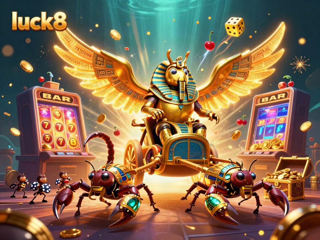 Experience the excitement of luck8 with a golden scarab beetle and jackpots bursting with coins.