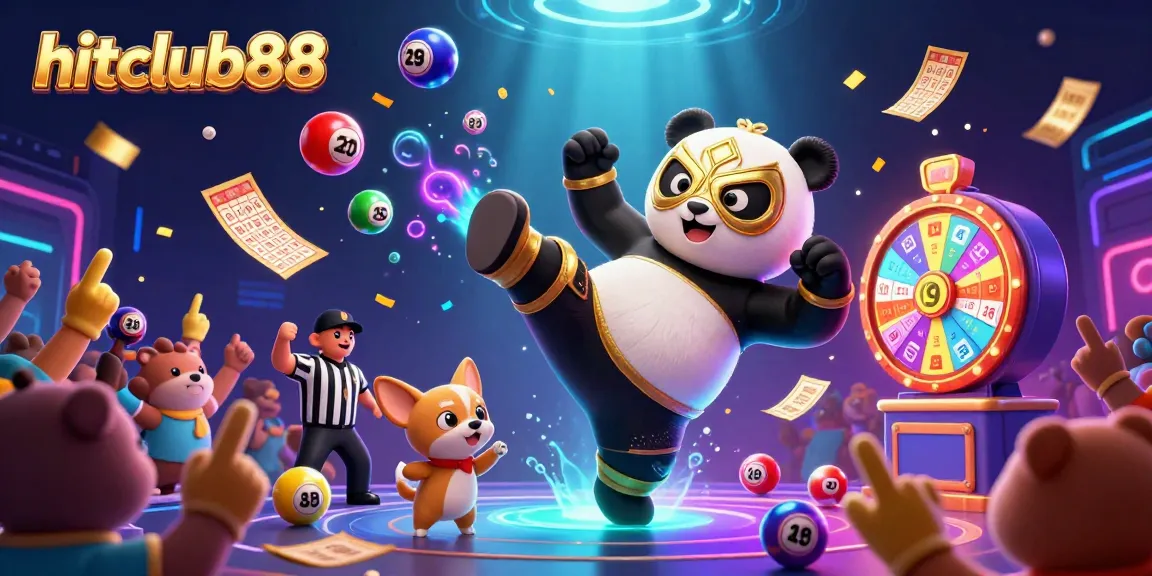 Experience the excitement of hitclub88 with a dynamic scene featuring a lucha libre panda and a referee amidst colorful lottery elements.