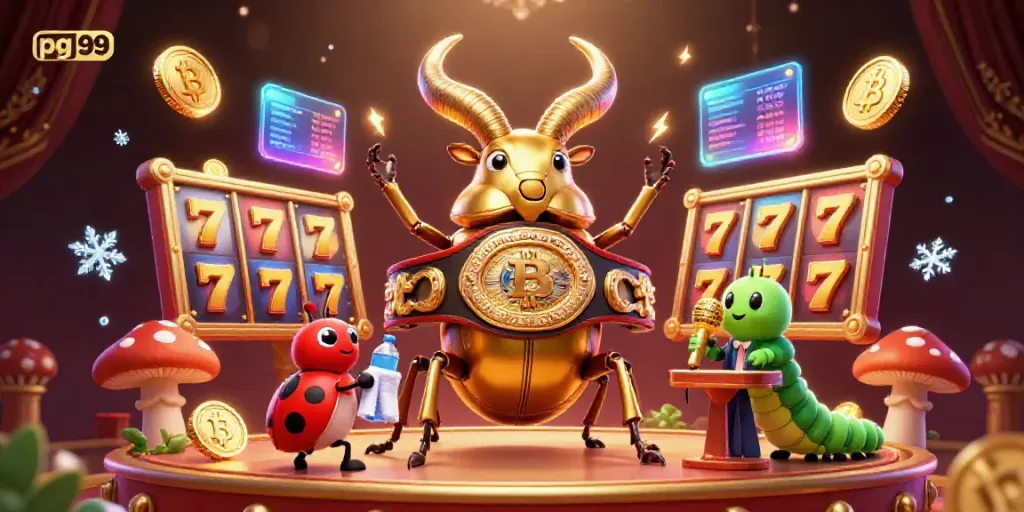 Engage in thrilling gameplay at pg 99 with vibrant slot reels and cartoon champions in an exciting casino scene.