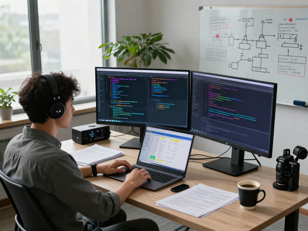Programmer developing 18+ ai algorithms in a modern tech workspace with multiple screens and research materials.