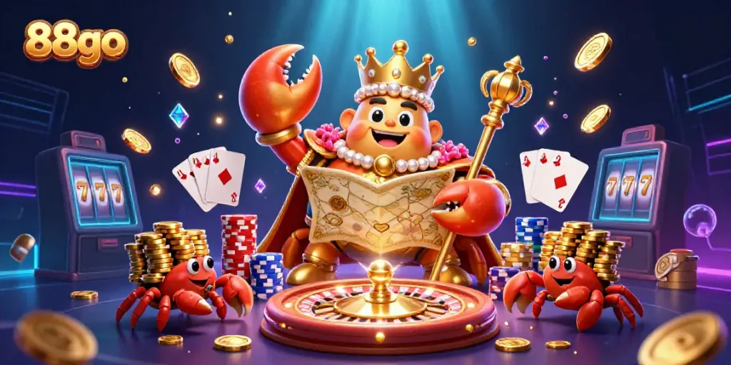 Experience excitement with 88go as the golden crab emperor oversees a vibrant casino scene filled with treasures.