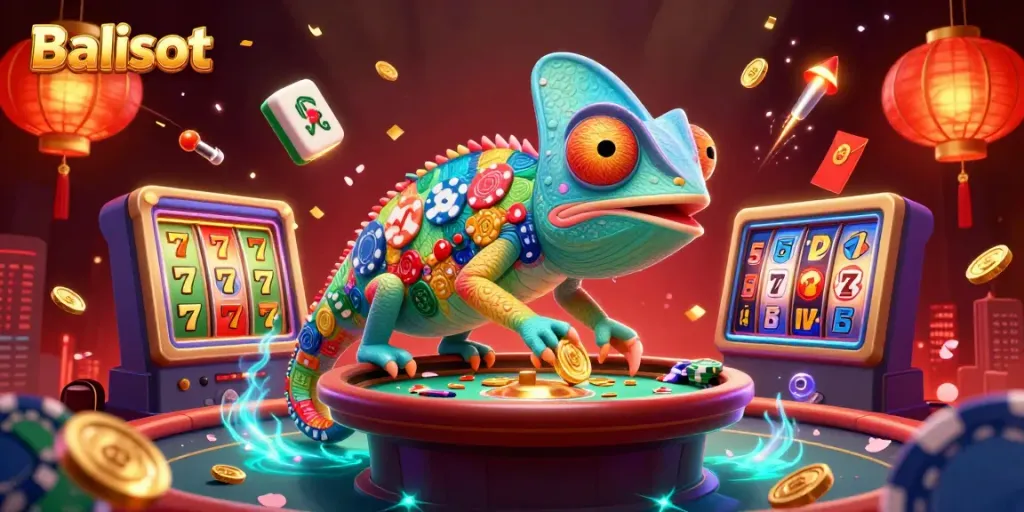 Experience thrilling moments with Balislot's animated chameleon casino owner amidst vibrant gaming elements.