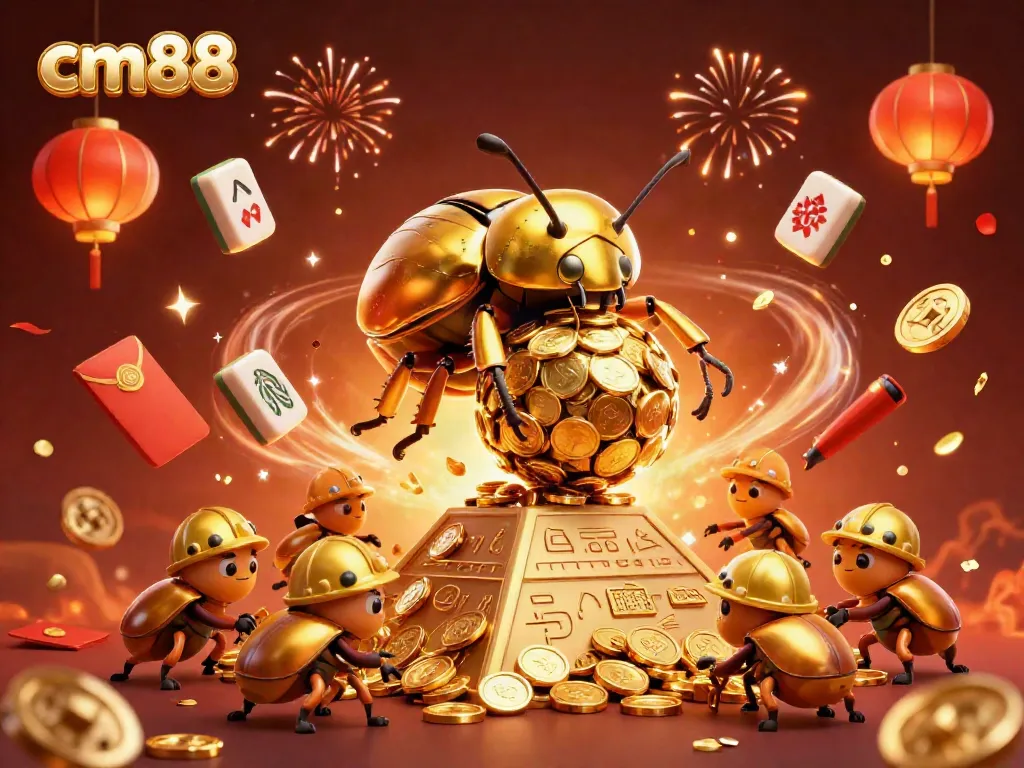 Experience thrilling gaming adventures with cm88, featuring vibrant casino elements and a captivating golden beetle scene.