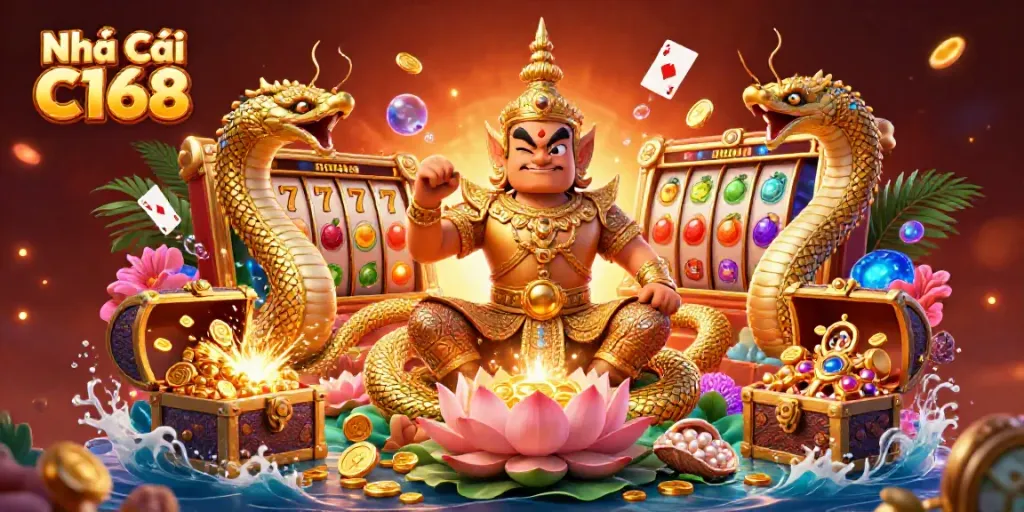 Experience thrilling gameplay at Nhà Cái C168 with vibrant casino elements and colorful slot machines bursting with rewards.