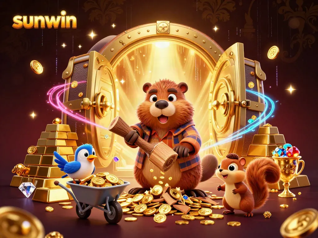 Explore sunwin's vibrant casino world with colorful characters and golden treasure elements.