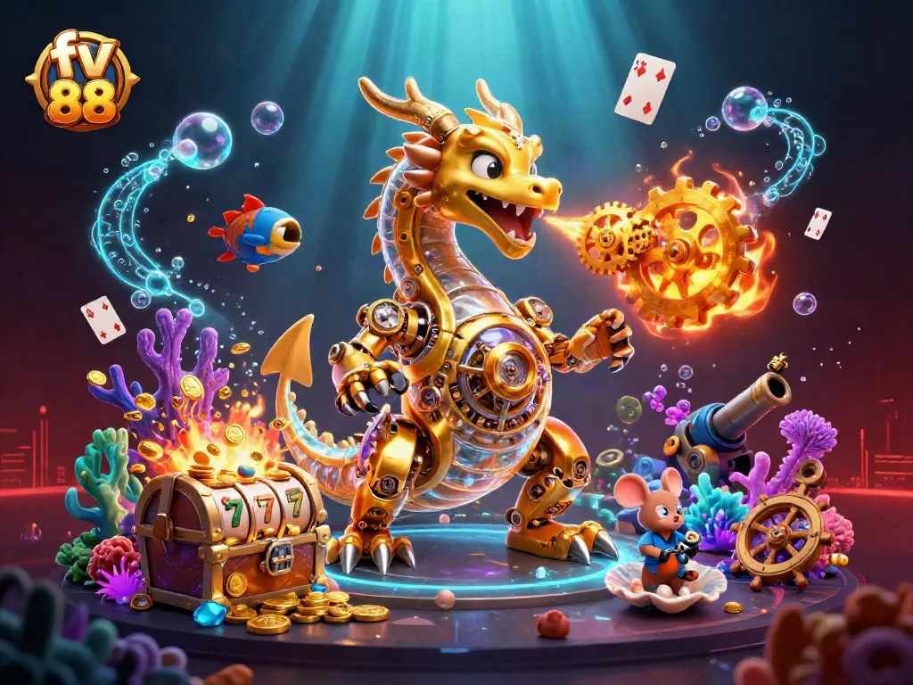 Engage with fv 88's immersive gaming experience featuring a golden dragon, explosive treasures, and vibrant casino elements.