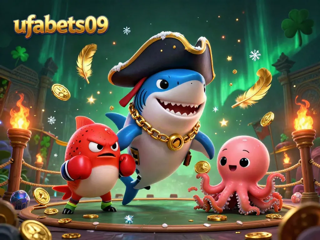 Win big with ufabets09 as a cartoon shark, pufferfish, and octopus in a vibrant casino setting.