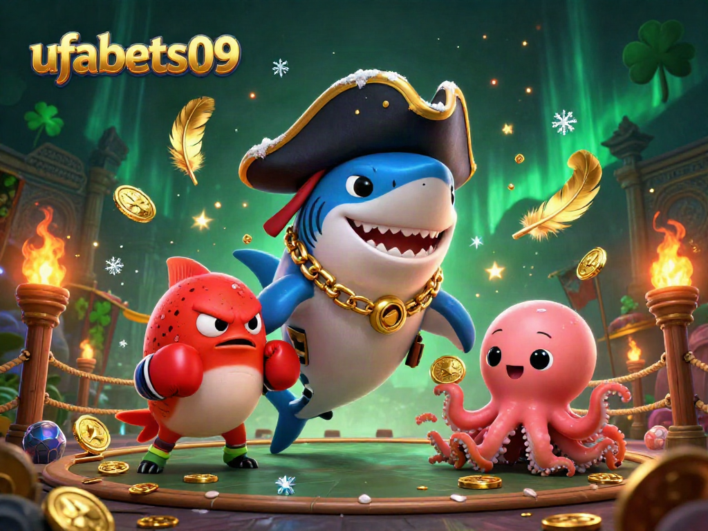 Win big with ufabets09 as a cartoon shark, pufferfish, and octopus in a vibrant casino setting.
