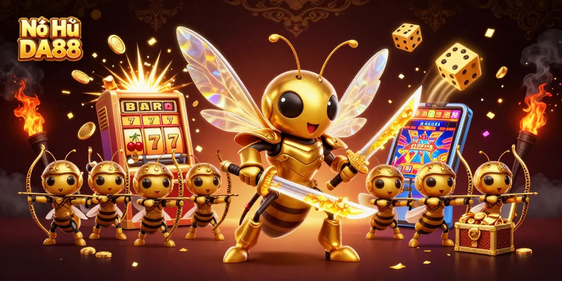 Nổ Hũ DA88 jackpot victory with golden hornet and bee archers, showcasing thrilling slot gaming.