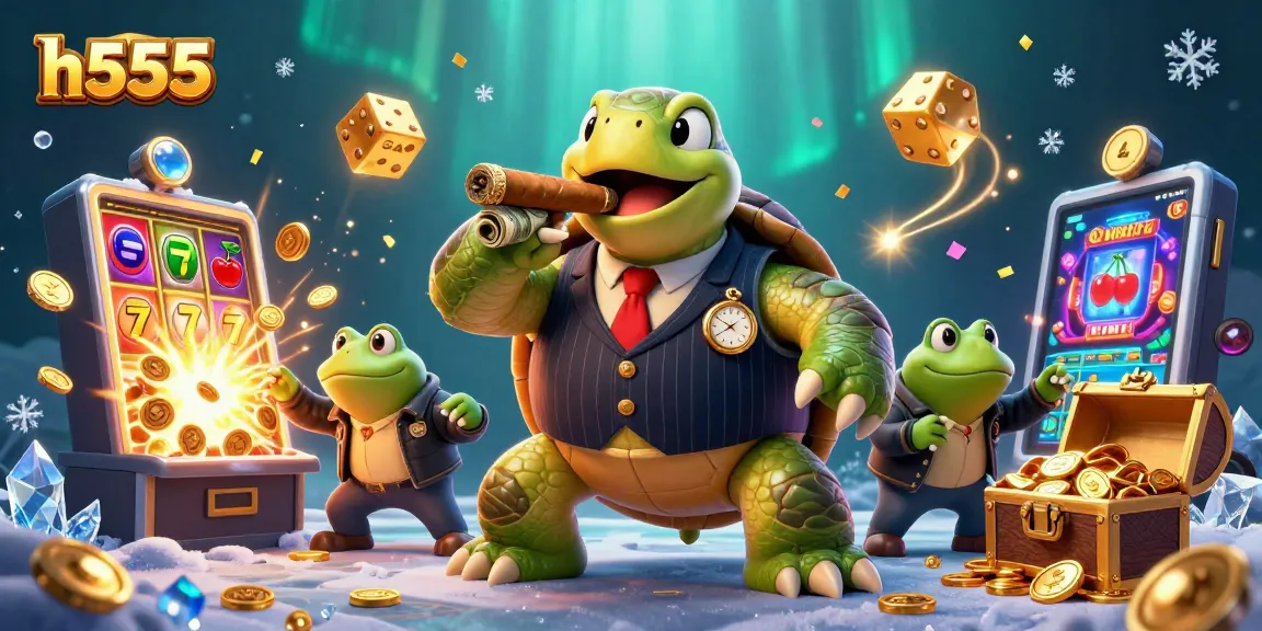 Experience the thrill of h555 with a cartoon turtle and frog enforcers celebrating a slot jackpot.