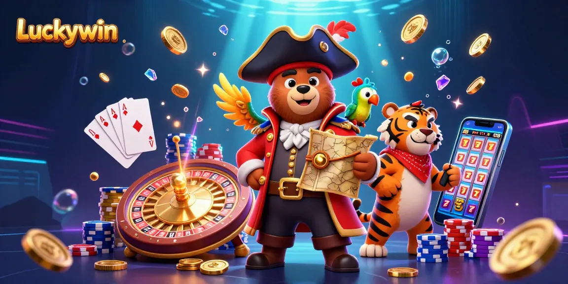 Engage in thrilling slot action with Luckywin's vibrant 3D illustration featuring pirates and gems.