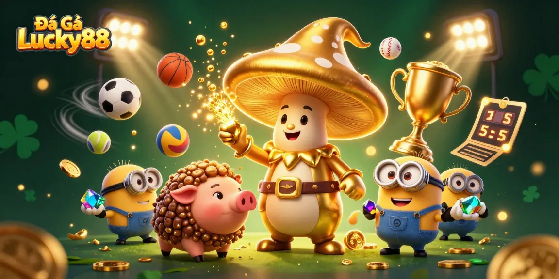 Engage in Đá Gà Lucky88 with an exciting scene featuring a golden wizard, treasure, and sports elements.
