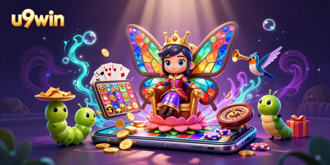 Engage with u9win's vibrant online casino features, showcasing slots and chip-carrying caterpillars.