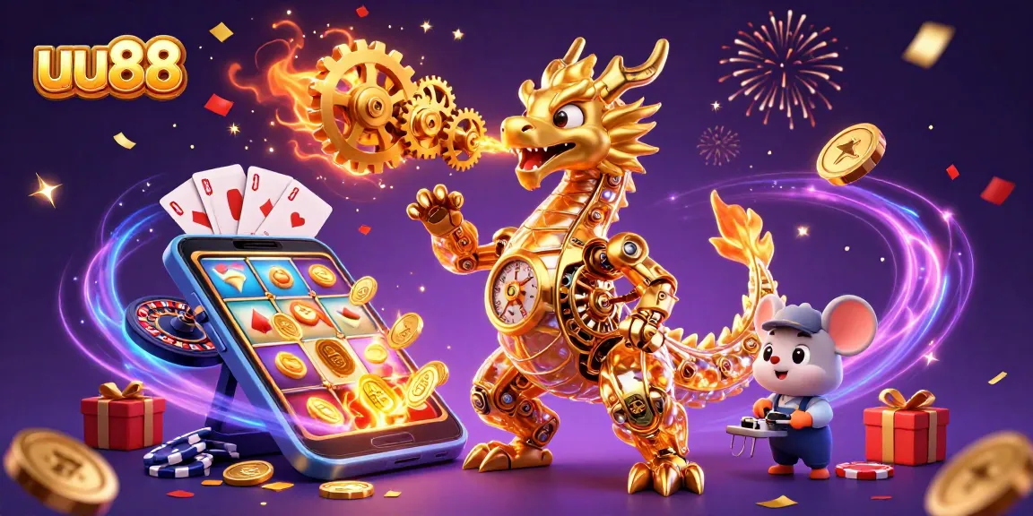 Experience the magic of uu88 with thrilling slot games and a golden dragon illustration.