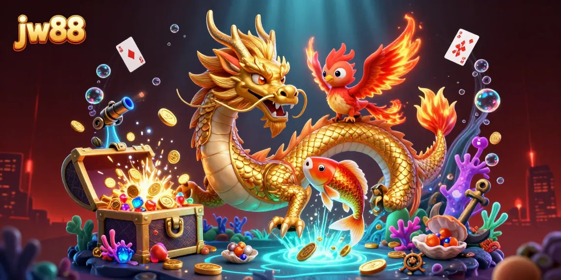 Win big at jw88 with a vibrant casino scene featuring a golden dragon, koi fish, and dynamic game elements.