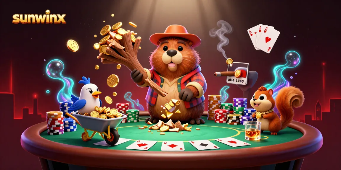Engaging sunwinx casino scene with cartoon characters collecting gold coins and playing poker.
