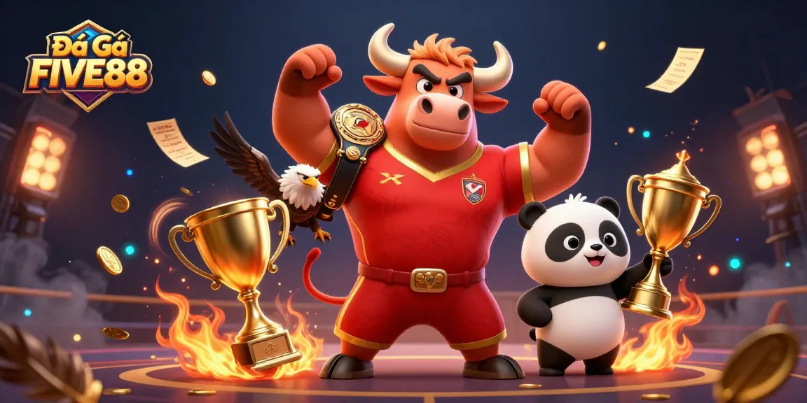 Experience the excitement of Đá Gà FIVE88 with dynamic action on the betting arena as characters celebrate victory.