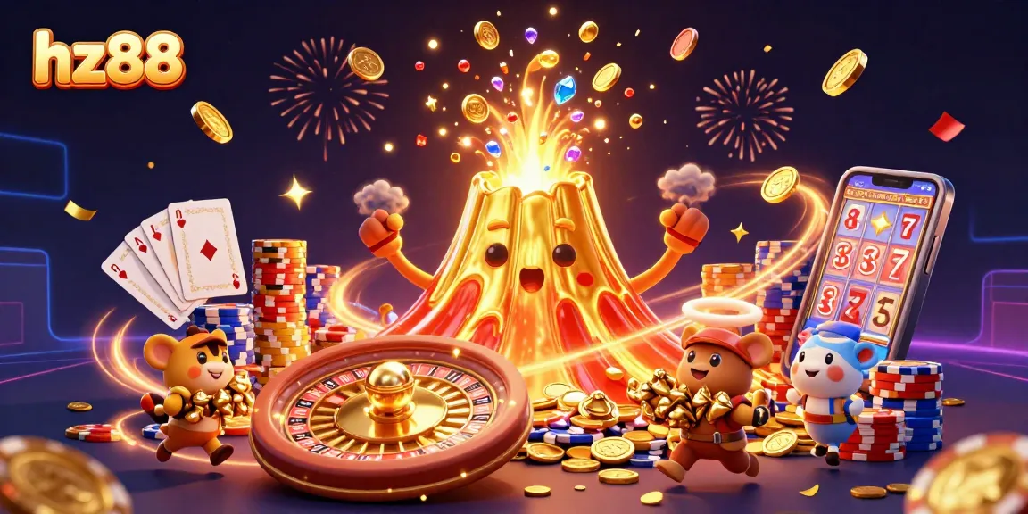 Win exciting treasures in hz88 as a golden volcano erupts coins and gems amidst vibrant casino chaos.