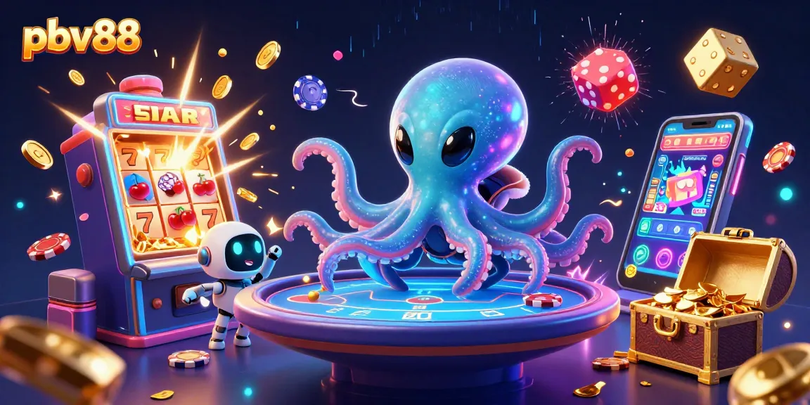 Experience excitement with pbv88 as a vibrant alien octopus and robot play poker amidst a jackpot explosion.