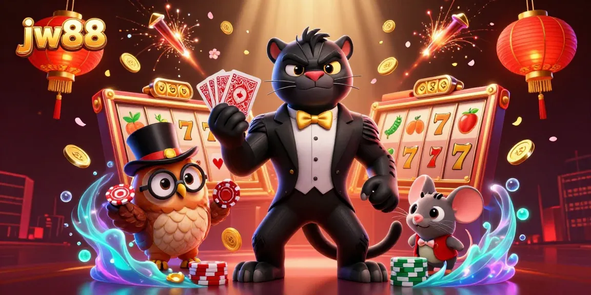Experience thrilling gameplay at jw88 with a stylish panther dealing cards in an exciting casino scene.