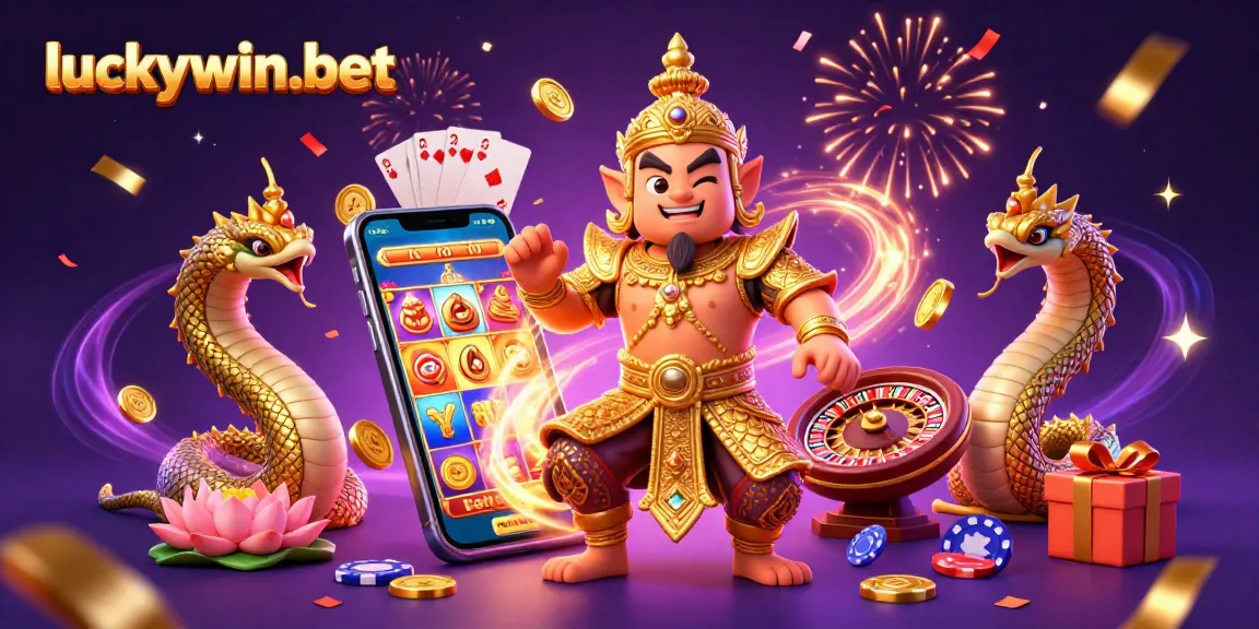 Play and win with luckywin-bet in this vibrant and colorful casino-themed 3D illustration.