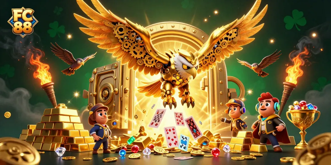 Experience thrilling wins with FC 88 in a dazzling casino scene filled with gold and excitement.