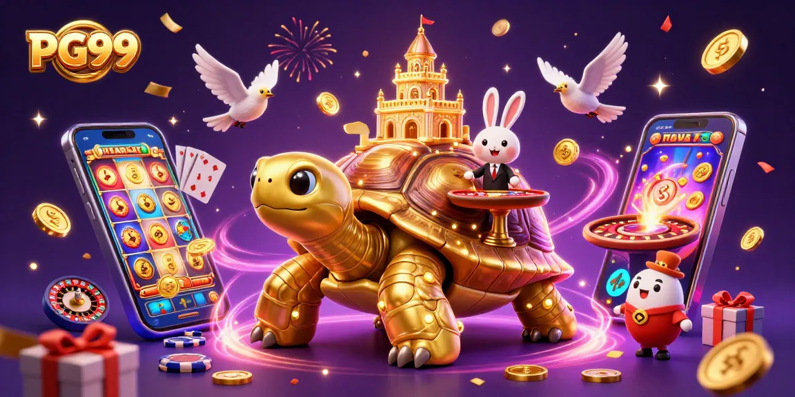 Join PG99's exciting world of online gambling with a vibrant 3D illustration featuring games and fun.