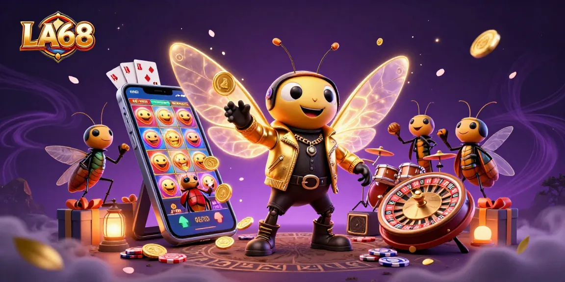 Experience the excitement of LA68 with a vibrant 3D casino illustration showcasing a rock star cicada and winning games.