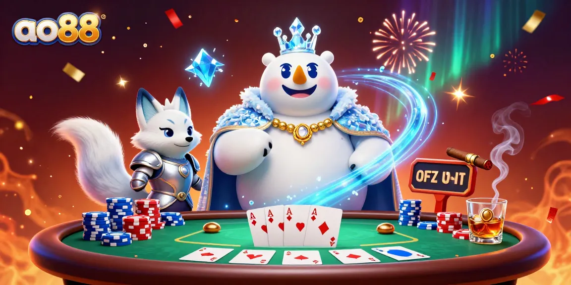 Engage with ao88's thrilling poker action featuring a majestic ice king and snow fox amidst vibrant casino elements.