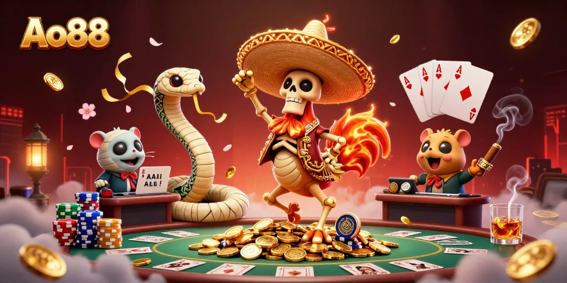 Ao88's vibrant casino scene with a mariachi rooster, mummy snake, and DJ hamster amidst poker elements.