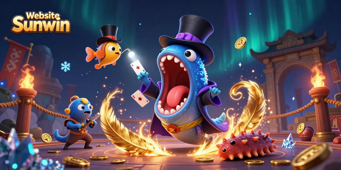 Experience the thrill of Website Sunwin with magical card tricks and vibrant casino elements in a captivating scene.