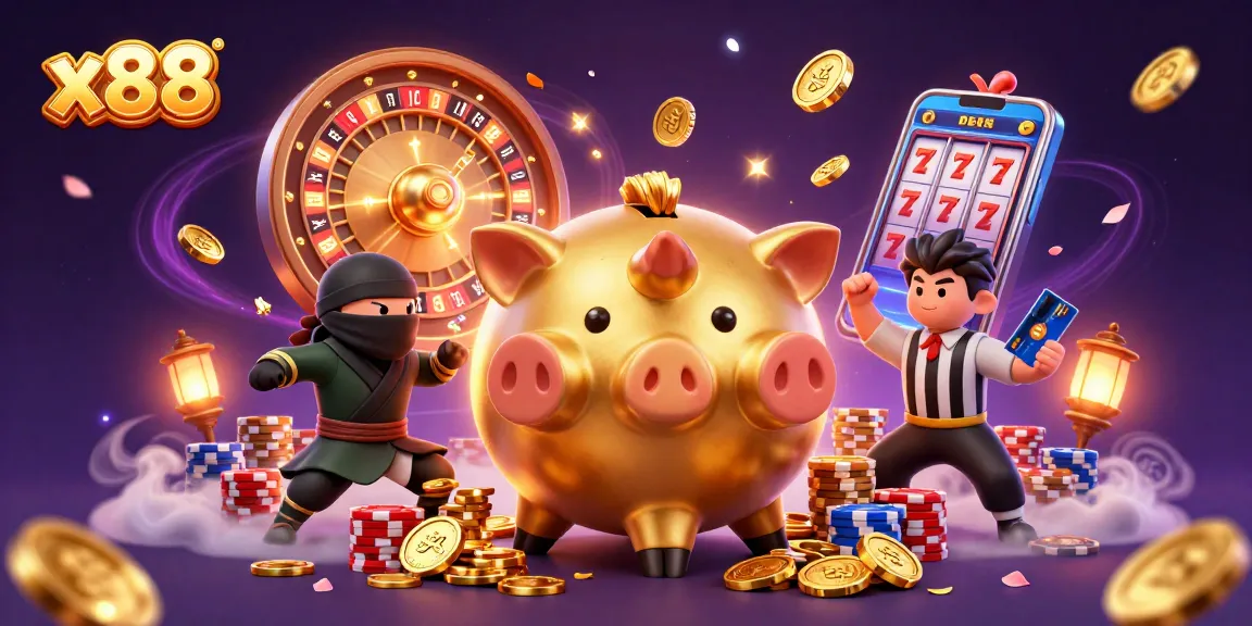x88 casino illustration with golden piggy bank sumo wrestler and wallet-ninja in dynamic scene