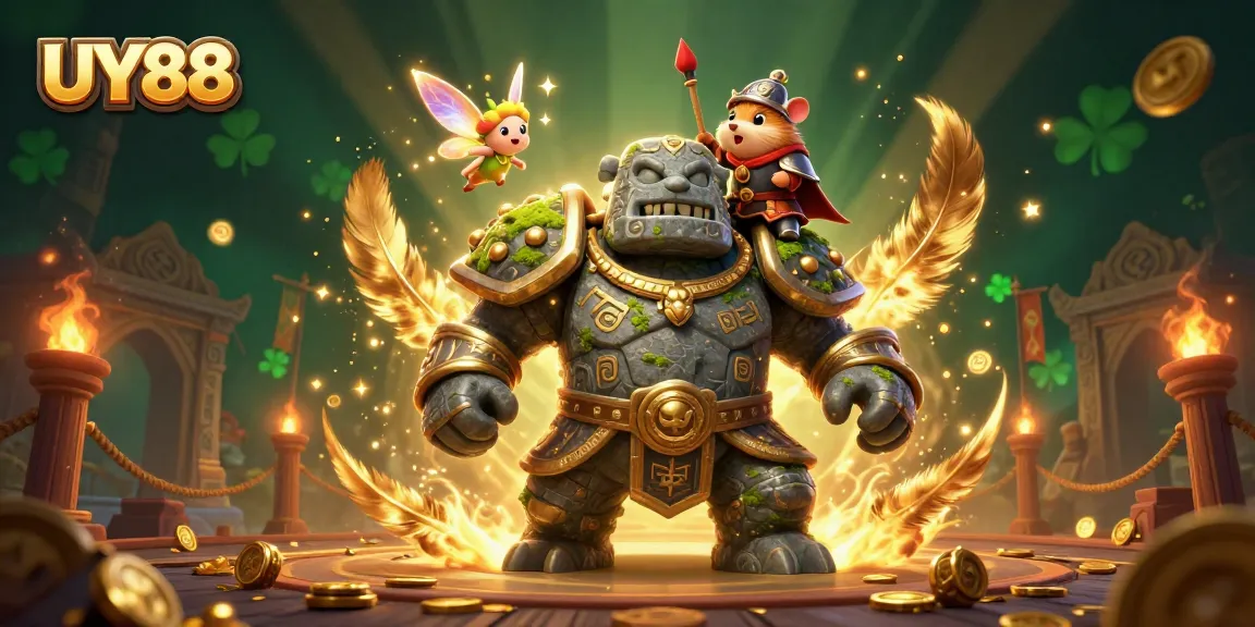 Experience thrilling gameplay with UY88 in a magical arena featuring a golem guardian and enchanting fairy.