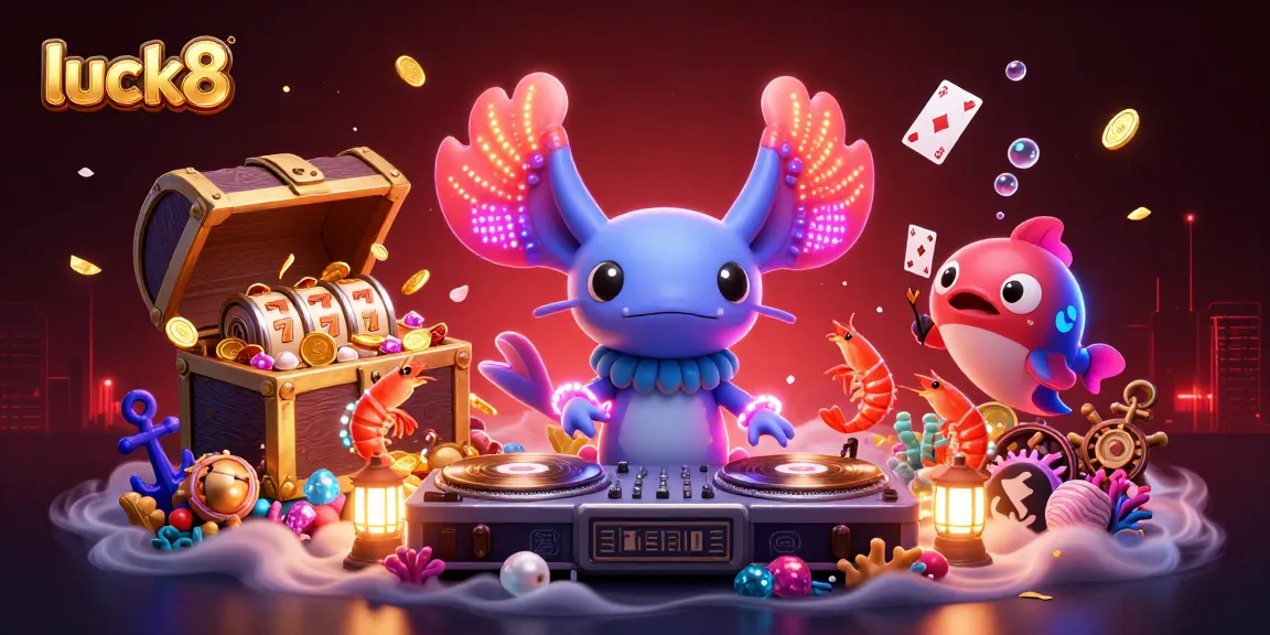 Luck8 gaming scene with axolotl DJ, vibrant slot reels, and underwater treasures.
