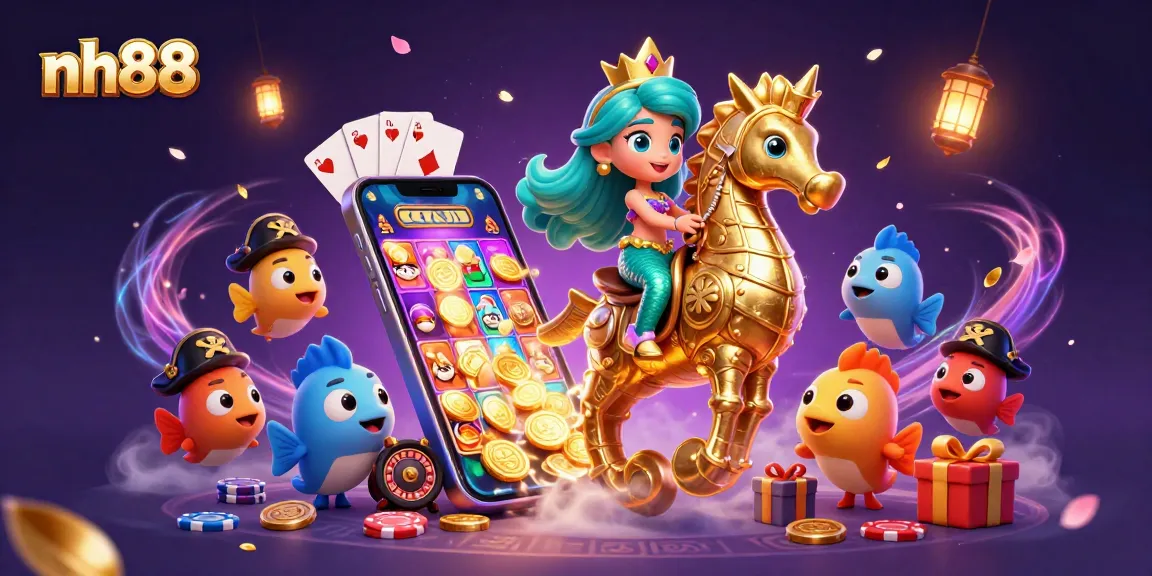 Experience thrilling slots action with nh88, featuring a mermaid riding a golden seahorse amidst vibrant casino elements.