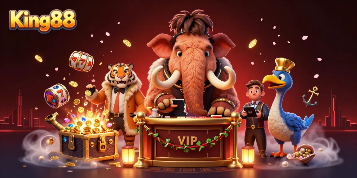 Experience thrills at King88 with vibrant casino elements in a dynamic 3D illustration.