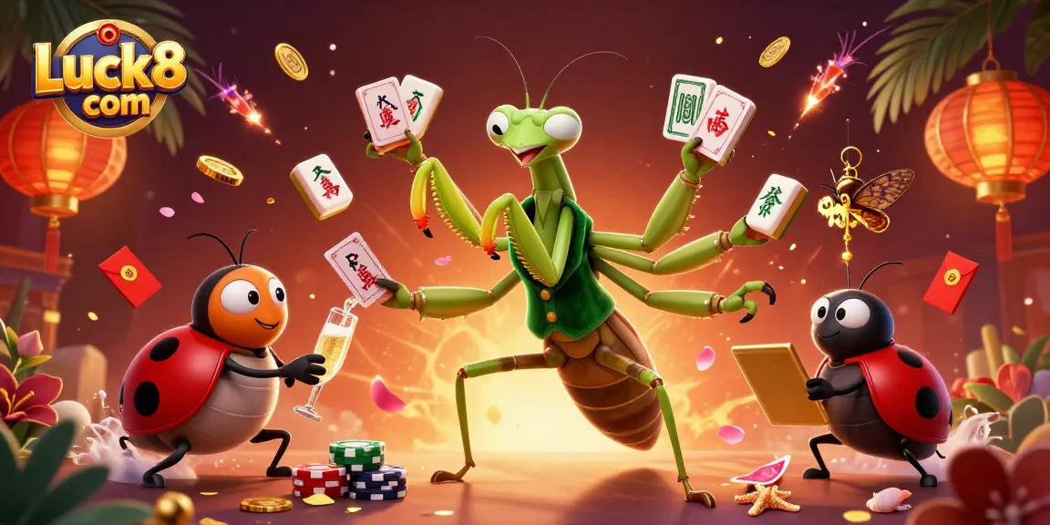 Engaging scene of a giant praying mantis card sharp at Luck8 com dealing cards and celebrating alongside a pit boss and decorative game elements.