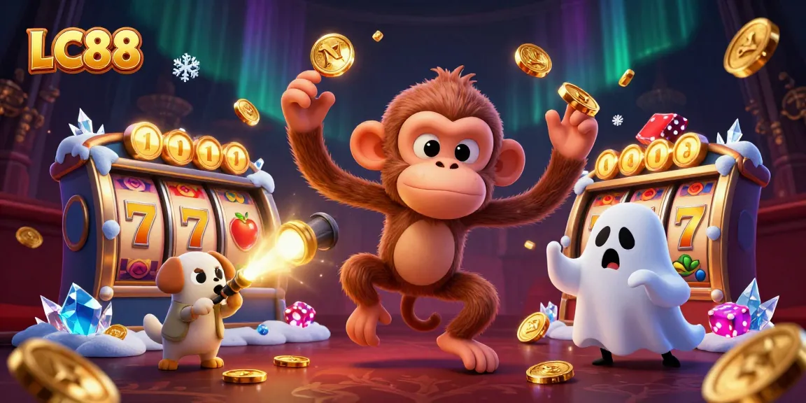 Experience the thrilling LC88 casino atmosphere with a playful poltergeist monkey and a curious puppy navigating golden treasures.