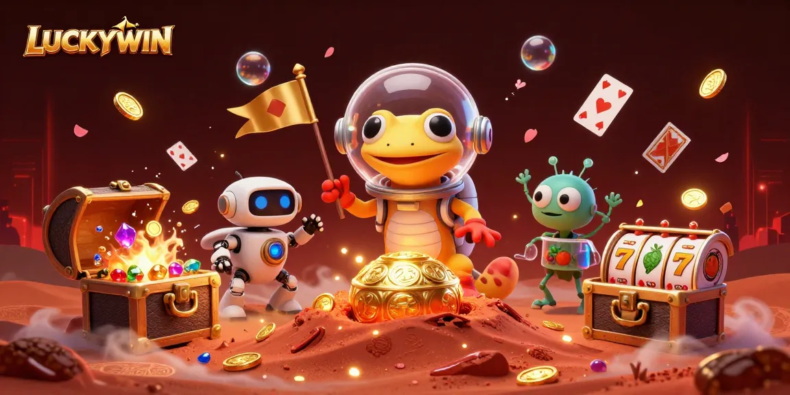LUCKYWIN Martian gecko explores a golden casino with casino elements in a vibrant cosmic scene.