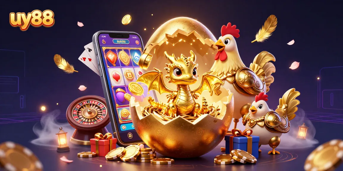 Play slots and win with uy88's vibrant 3D dragon illustration packed with gaming elements.