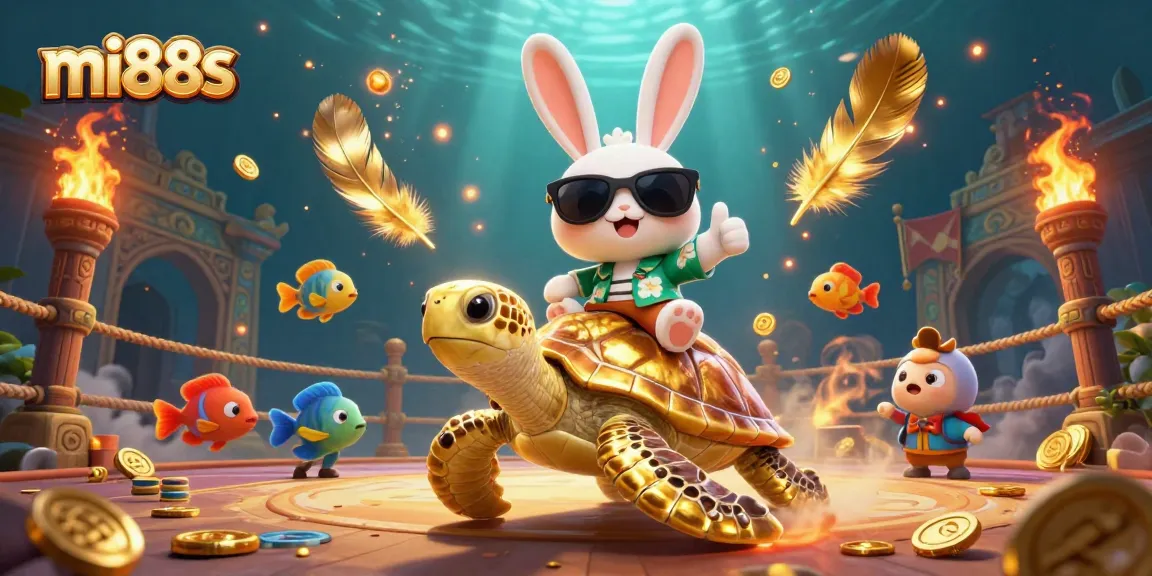 Experience thrilling wins with mi88s as a lucky rabbit rides a gold turtle in a vibrant casino scene.