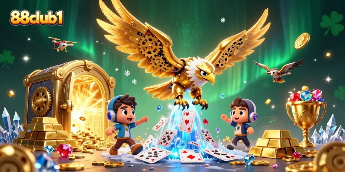 Engage with the thrilling world of 88club1, featuring a dynamic scene of a cybernetic eagle amidst treasure and holographic cards.