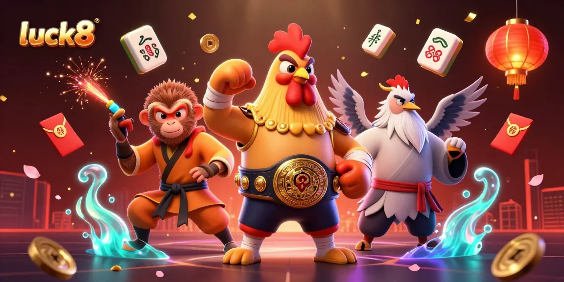 Experience luck8's animated casino scene with characters winning amidst gambling excitement with casino-themed elements.