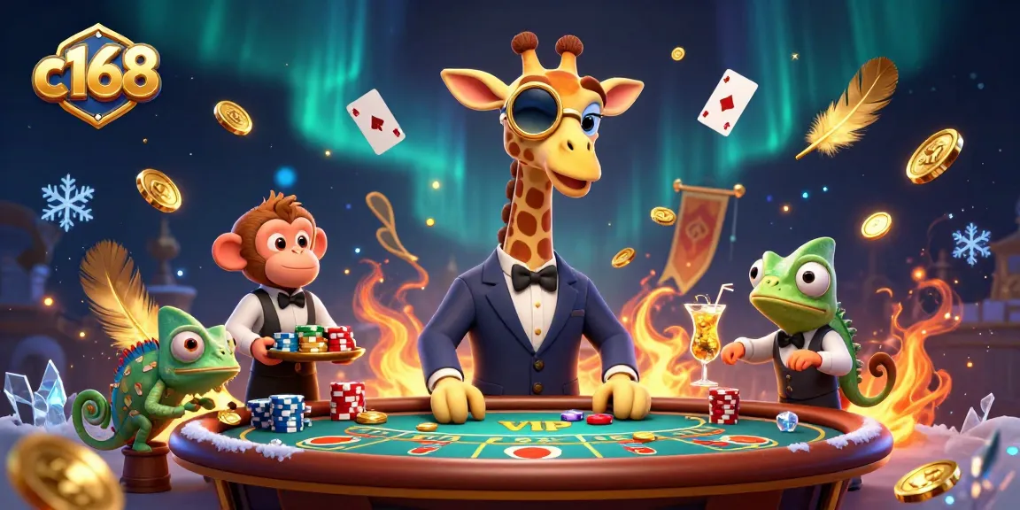 Join the fun at c168 with a vibrant 3D casino scene featuring high-roller characters, poker action, and dynamic visual energy.