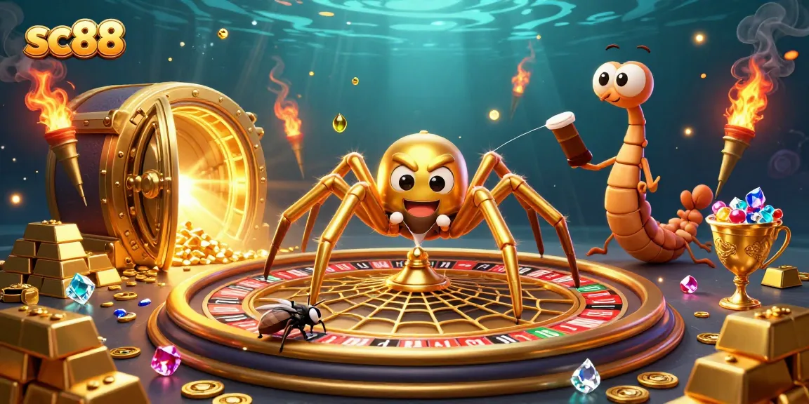 Experience thrilling bets at sc88 with an animated scene featuring a golden spider and gleaming treasures.